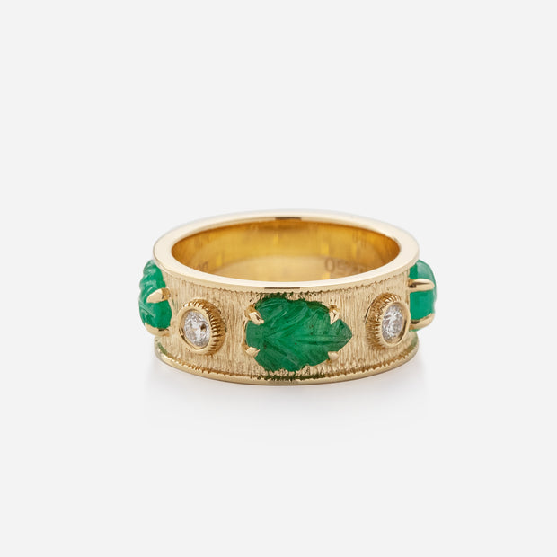 Kate & Mimi 18K yellow gold Emerald Leaf Cabochons and Forevermark Diamonds eternity ring