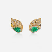 Kate & Mimi 18K yellow gold Emerald Leaf cabochons and Diamond Leaf earrings front view