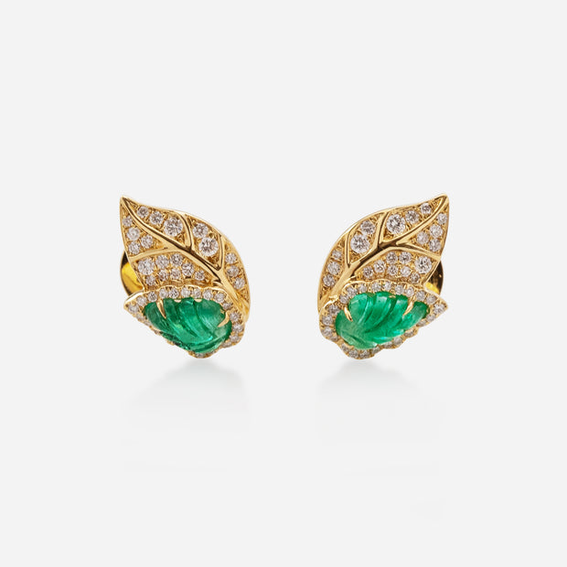 Kate & Mimi 18K yellow gold Emerald Leaf cabochons and Diamond Leaf earrings front view