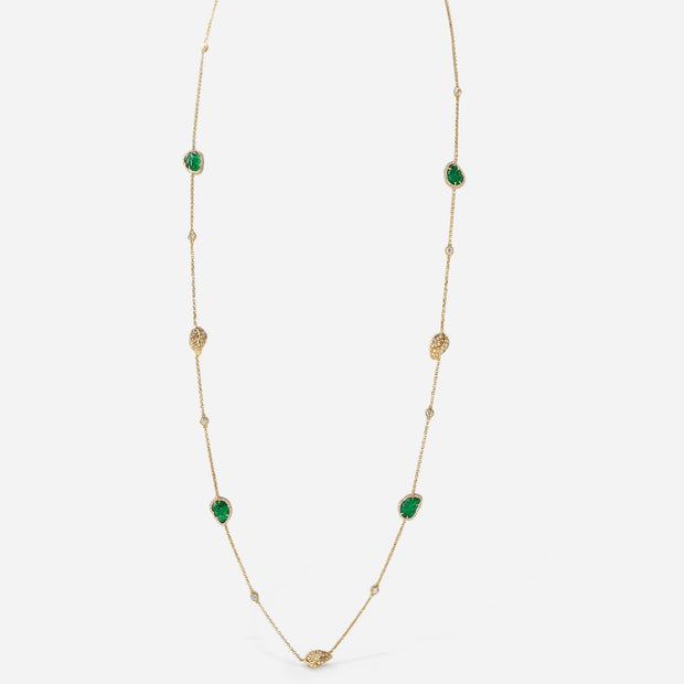 Kate & Mimi 18K yellow gold Emerald Cabochon Leaf and Diamond Pavé leaves diamond necklace with Forevermark Diamonds