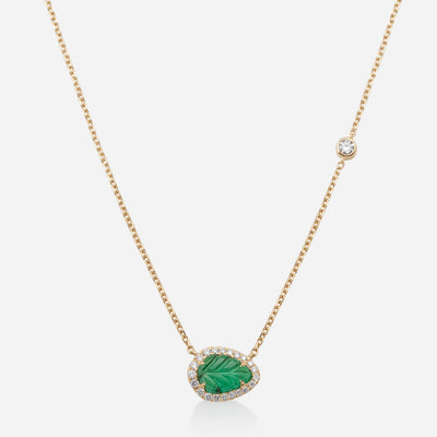 Kate & Mimi 18K yellow gold Emerald Leaf Cabochon and Diamonds necklace with 1 Forevermark Diamond