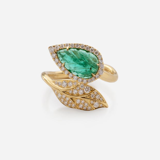 Kate & Mimi 18K Yellow Gold Emerald Cabochon and Diamond Leaf Wrap Ring