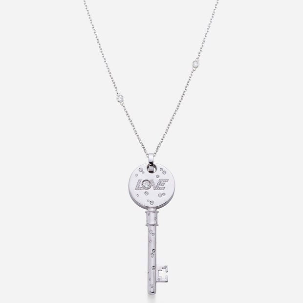 Kate and Mimi Double-sided Large Forevermark Diamond Love Key Pendant Front View with chain