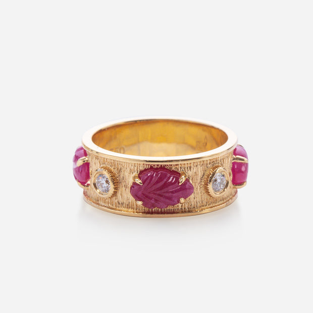 Kate & Mimi 18K yellow gold Ruby Cabochon Leaf and Forevermark Diamonds Eternity Ring