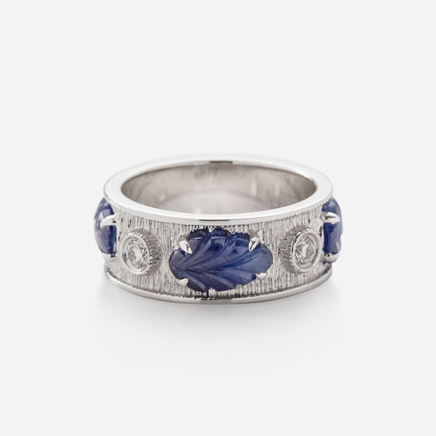 Kate & Mimi 18K White Gold Sapphire Cabochon Leaf and Forevermark Diamonds Ring